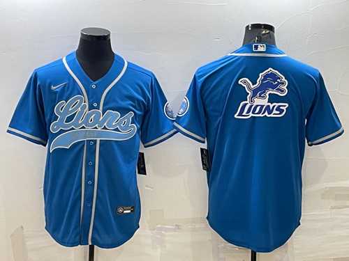 Mens Detroit Lions Blue Team Big Logo With Patch Cool Base Stitched Baseball Jersey
